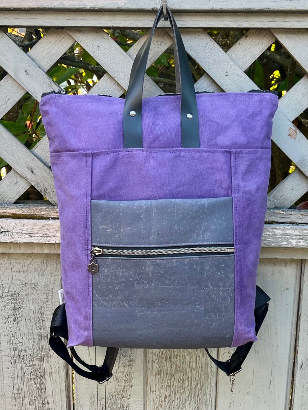 Waxed canvas cork backpack: purple grey minimalist design